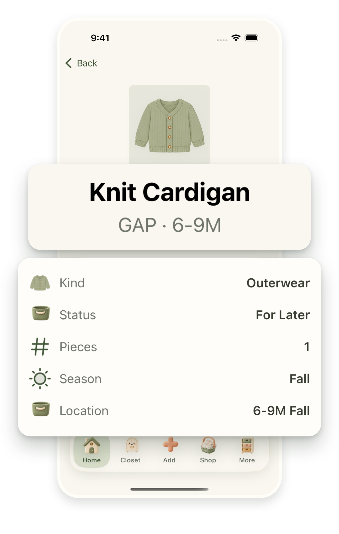 Fit-check screen with enlarged size and wardrobe insights to help catch clothes before they are outgrown.