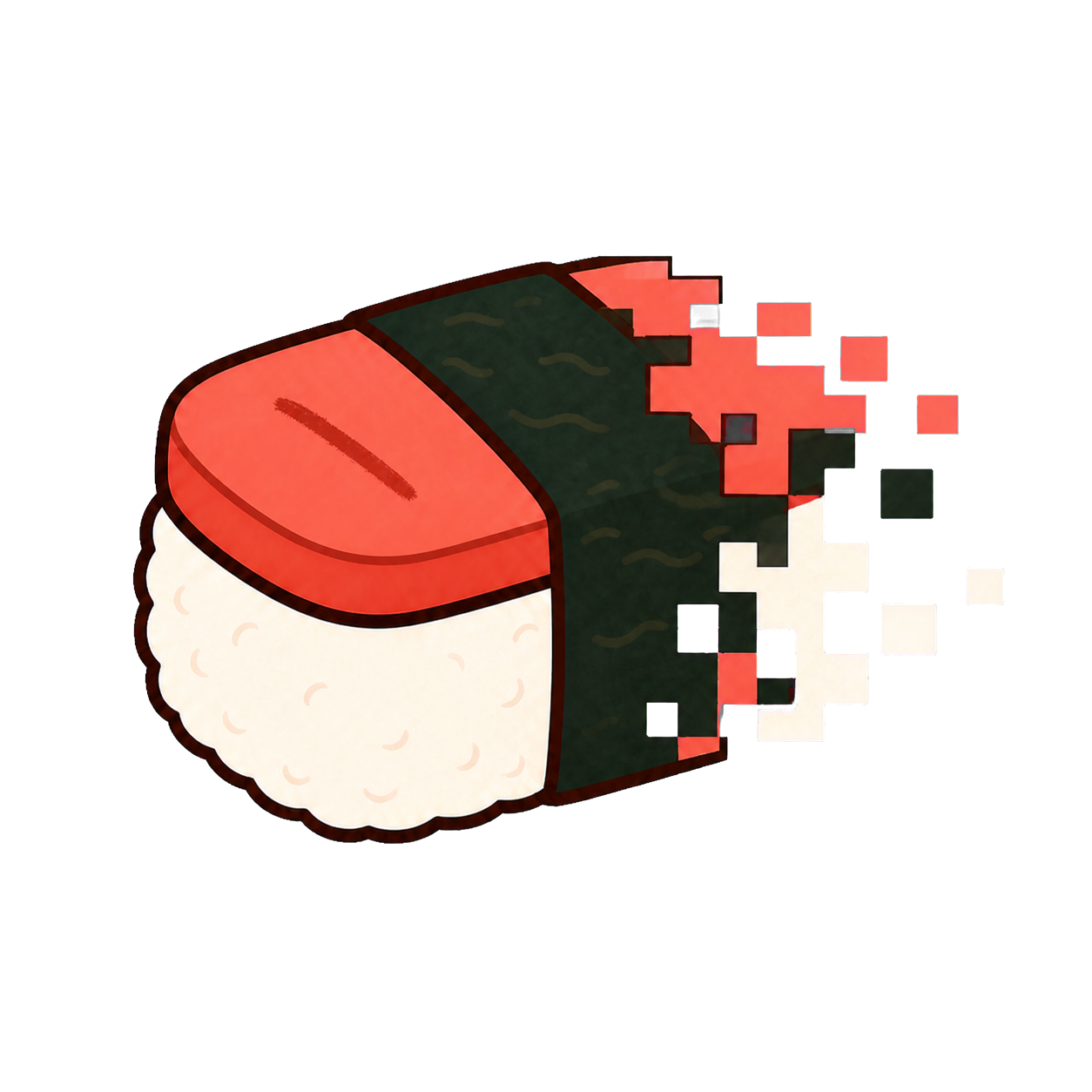 Stylized spam musubi dissolving into large digital pixels