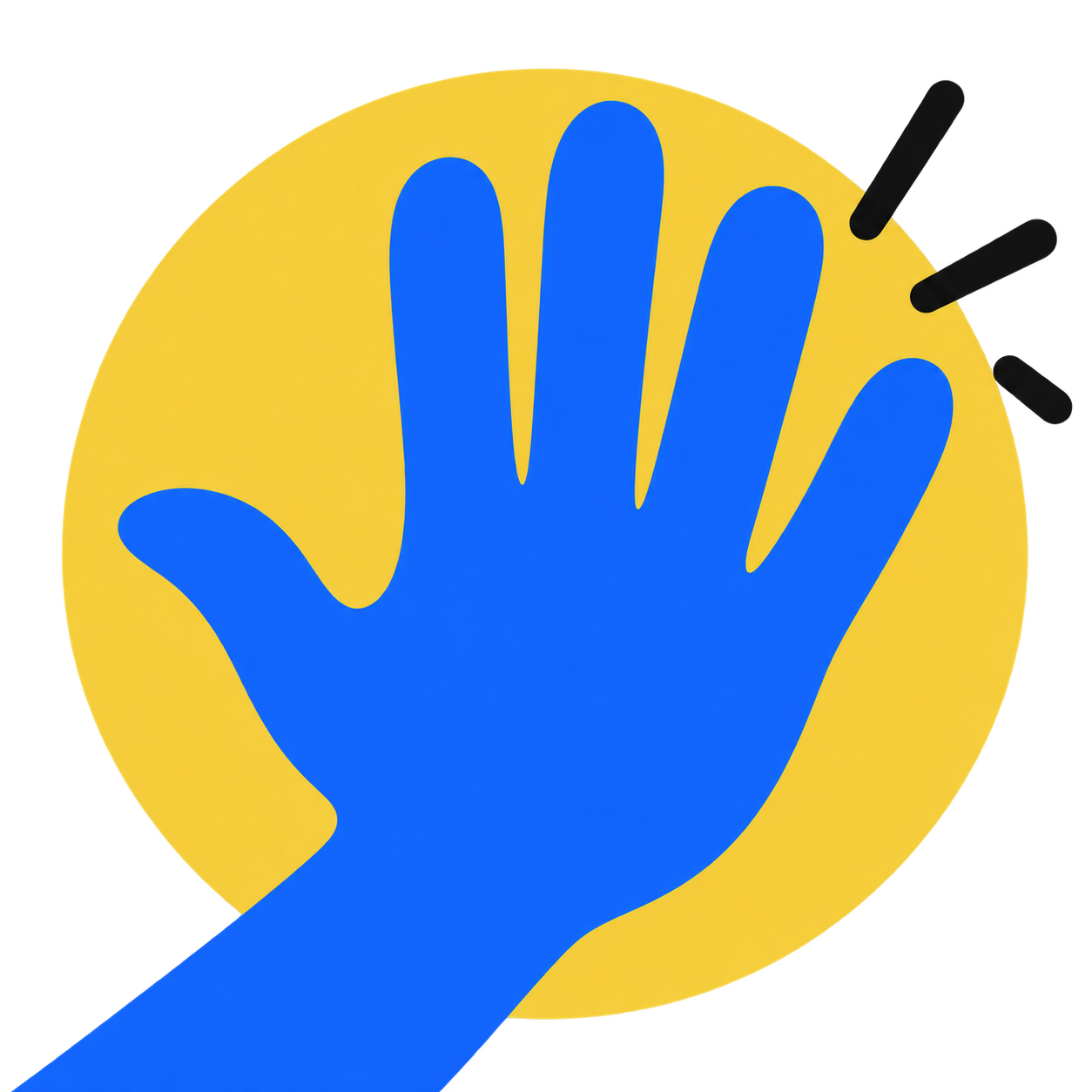 A bright blue hand holding up a pause against a yellow sun